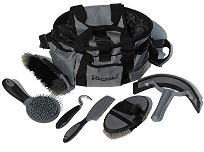 Rhinegold Borsa per la toelettatura grigia con kit, set regalo da 7 pezzi che include tutti i tipi di spazzola per peli di cavallo, pettine per curry e plettro per zoccoli con una borsa multiuso per