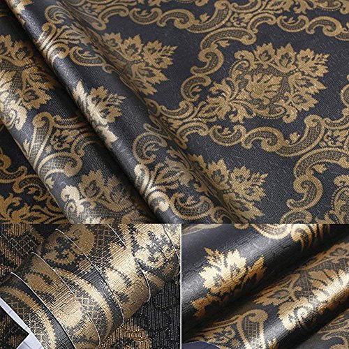 Black Gold Damask Adhesive Sheet Shelf Liner Peel & Stick Dresser Drawer Sticker Wallpaper for Countertop Kitchen Cabinets Wall Table Door Desk 60cm by 200cm