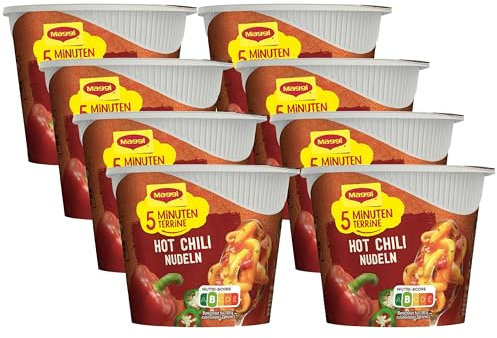 MAGGI 5 Minuten Terrine Hot Chili, leckeres Fertiggericht, Instant-Nudeln, mit Eiernudeln und Paprika, 8er Pack (8 x 50g)