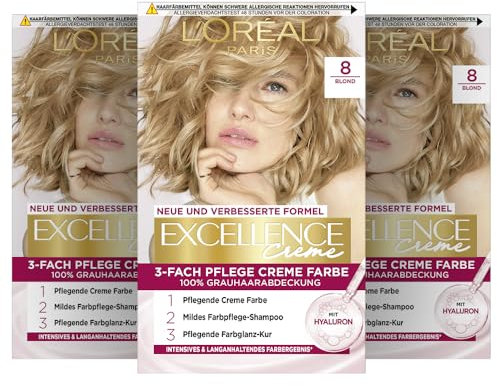 L'Oréal Paris Permanente Haarfarbe, 100% Grauhaarabdeckung, Haarfärbeset mit Coloration, Shampoo und 3-Fach Pflege Creme Farbe, Excellence Creme, 8 Blond, 3 x 268 g