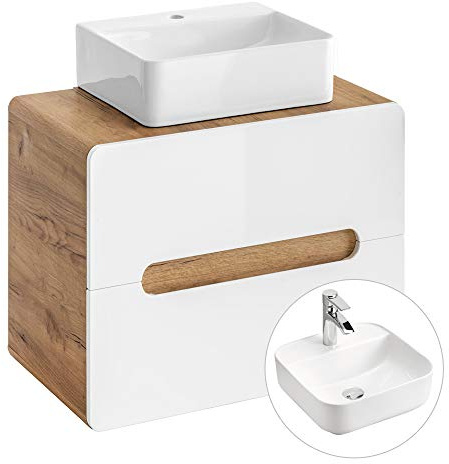Lomadox Waschtisch 60 cm mit Unterschrank in Hochglanz weiß Wotan Eiche Nb., 40 cm Keramik-Waschbecken, Softclose Schubkästen