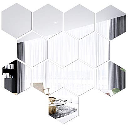 Mobiut Spiegel-Wandaufkleber, 12 Stück, 20 x 17 x 10 cm, sechseckige Spiegelfliesen, Aufkleber, flexible Wandspiegelbögen für Wohnzimmer, Badezimmer, TV, Wand, Esszimmer, Gang-Wanddekoration