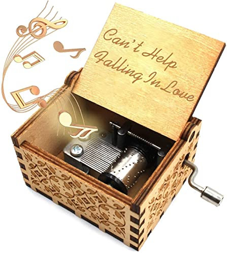 Laser Engraved Vintage Wooden Hand Crank Music Box, Can't Help Falling in Love, Birthday, Christmas, Valentine's Day Gift and Also the Best Gift for Girlfriend and Wife.