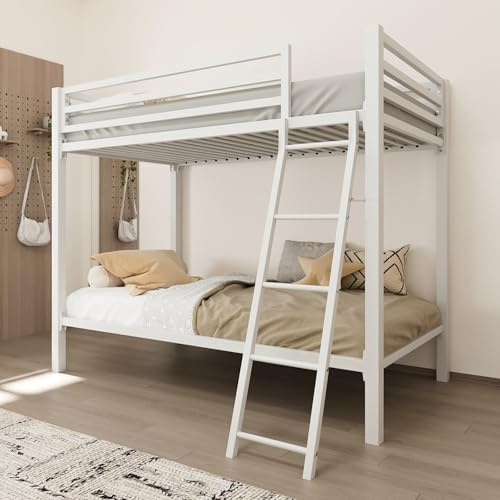 Allewie Metal Bunk Bed Twin Over Twin Size for Junior & Adults with Ladder and Heavy Duty Guardrail, Small Space Saving Design for Bedroom Kid Room and Dorm, White