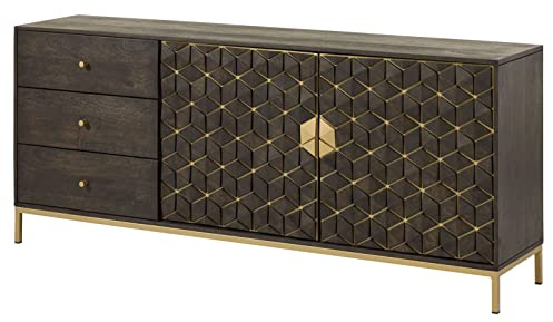 MASSIVMOEBEL24.DE | Diamond Kommode aus massivem Mango, Sideboard grau geöltes Massivholz, Push-to-Open Mechanik für 2 Türen, 3 Schubladen mit Knopfgriffen, goldene Akzente aus Eisen