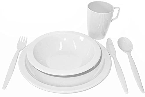 Camping White Tableware Set - Plate, Bowl, Beaker and Cutlery - Reusable Virtually Unbreakable Polycarbonate Plastic