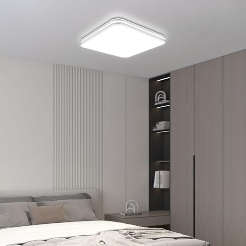 VIPMOON 12W LED Ceiling Light, 1080lm Double Silver Edge Flush Bath Ceiling Lights, 6500K Cool White, Indoor Ultra-Thin Silver-Rimmed Square Ceiling Lights for Bedroom, Passage, Kitchen