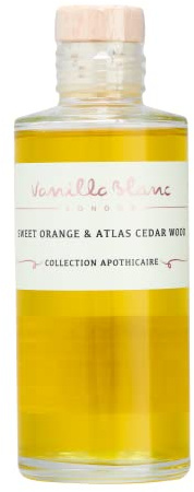 Vanilla Blanc Nachfüllpackung mit natürlichem Korkverschluss für Duftlampen und Potpourris, Duftstäbchen für ätherische Öle, 100 ml (Sweet Orange & Atlas Zedernholz)