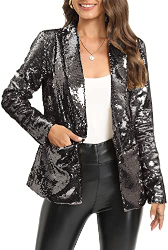 IWFEV Chaqueta de lentejuelas para mujer, manga larga, con parte delantera abierta, cuello chal, cárdigan, Negro, 40