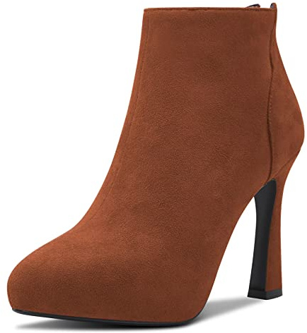 HDEUOLM Femmes Aiguille Haut High Plate-forme Talon Heel Fermé Pointu Bout Bottines Slip-on Fermeture à Glissière Classique 10 CM Heels Chaussures Marron Suède 36 EU