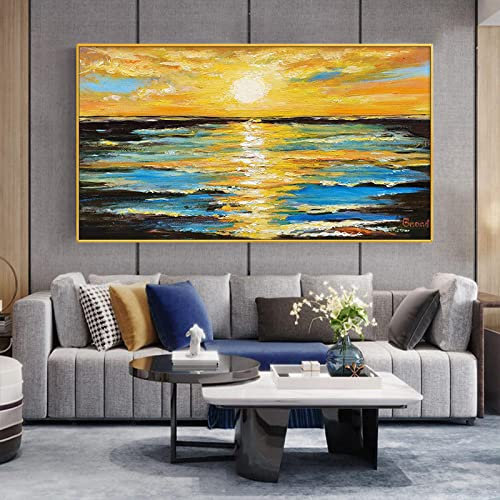 Ölbilder Auf Leinwand Handgemalt,Extra Große Wandkunst Rahmenlose Coole Gemälde,Moderner Abstrakter Sonnenaufgang Über Dem Meer 100% Handgemaltes Strukturiertes Kunstwerk Für Wohnzimmer Schlafzi