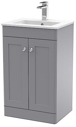 nuie CLC223C Classique Traditional Bathroom Floor Standing 2 Door Unit & Minimalist Ceramic Basin, 500mm, Satin Grey