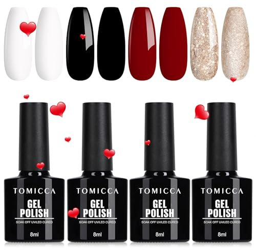 TOMICCA Gel Nail Polish Set - Glitter Red Gold White Black Gel Polish Set, Soak Off UV/LED Cured Nail Art Design, Gel Nail Kit Gifts for Women