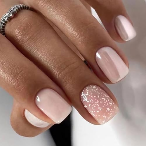 SINLOV Lot de 24 faux ongles carrés rose nude à presser courts - Faux ongles français brillants à paillettes - Faux ongles pour femmes et filles