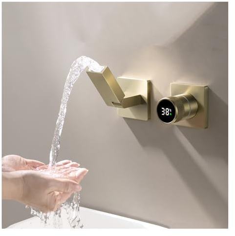 Waschtischarmatur Gebürstetes Gold Wasserfall Wandmontage Wasserhahn Bad Unterputz Armatur aus Messing Badarmatur Mischbatterie Digitale Anzeige Faltbare Auslauf Badewannenhahn Klappbar Wasserhahn