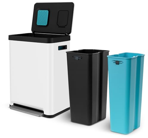 Home Zone Living 19 Gallon Kitchen Trash Can with Dual Compartments for Recycling, CleanAura Odor Control, Stainless Steel, Matte White, 70 Liters Total