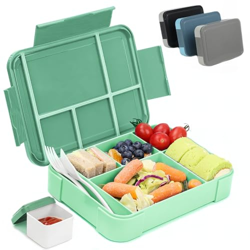 Bugucat Brotdose Kinder mit Fächern 1330ML,Lunchbox Kinder Bento Box Auslaufsicher mit 6 Fächern Besteckset,Vesperdose Frühstücksbox für Mädchen Jungen