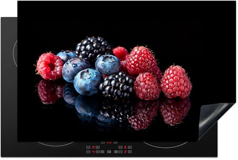 KitchenYeah© Herdabdeckplatte Induktion Schutzmatte Küche Herdabdeckung | 80x52 cm - Ceranfeld Induktionsmatte Cerankochfeld Abdeckung Obst - Rot - Blaubeere - Himbeere - Stilleben