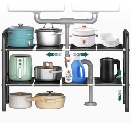 VexNook Rangement et Organisation de Cuisine – Dimensions Ajustables 49 x 25 x (52,5~88) cm, Étagère Extensible sous Évier en Acier Inoxydable (8 Panneaux)