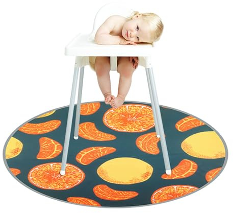 Treer Unterlage für Hochstuhl Baby,Runde Hochstuhl Bodenmatte Durchmesser 130cm Wasserdicht Spritzmatte für Hochstuhl, rutschfest Krabbelmatte Bodenschutzmatte Baby Spielmatte (Mandarine Obst)