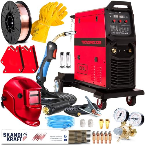 Ideal Tecno MIG 335 PULSE - 330A poste a souder mig avec gaz et en synergie 400V - chariot et 4 roulettes - soudobrasage, soudage par points - mémoire de réglage - soudage de l'aluminium - Kit premium