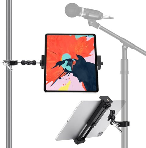 NUOMIC Aluminium-Tablet-Halter, Mikrofonständer, tragbarer iPad-Mikrofonständer, verstellbarer Notenständer, Tablet-Handyhalter für iPad Mini, iPad Air, iPad Pro und iPhone 4,7-12,9 Zoll