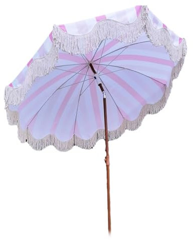 Parasol de Plage de Vacances inclinable, Parasol extérieur de 200 cm avec Frange pour Piscine, Balcon, Parasol de Jardin Portable avec Sac, Rayures Roses et Blanches