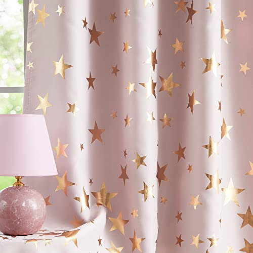 Treatmentex Pink Gold Star Eyelet Blackout Curtains 90 Inch Drop, 1 Pair | Triple Weave Blackout Drapes for Living Room Bedroom, Light Blocking, Energy Saving, Thermal Insulated, Children Room