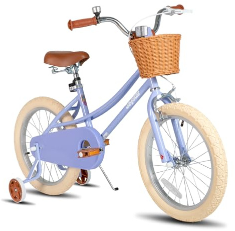 JOYSTAR - Barncykel på 18 tum för mindre barn 6 - 9 år, flickcykel med stödhjul och korg, lila barncykel.