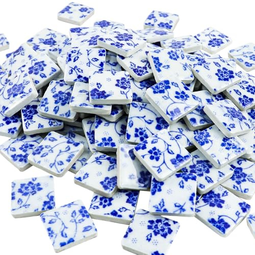 Yatinkim 121 Stk Fliese Quadratisch Mosaikfliesen Blau Weiß Blumen Muster | Keramik Mosaik Fliesen Geschliffen Fliese DIY Kunst Handwerk Herstellung Bilderrahmen Heim Dekoration Klassisch Boden Blume