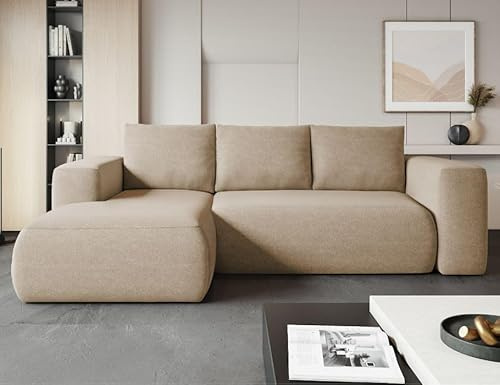 MODERNO Ecksofa mit Schlaffunktion und Bettkasten LAMBI - Sofa mit 3 Sitzen und Robusten Überzug - Schlafcouch L-Form - Modern Couch 266x164x89 cm - Ecke Links Beige