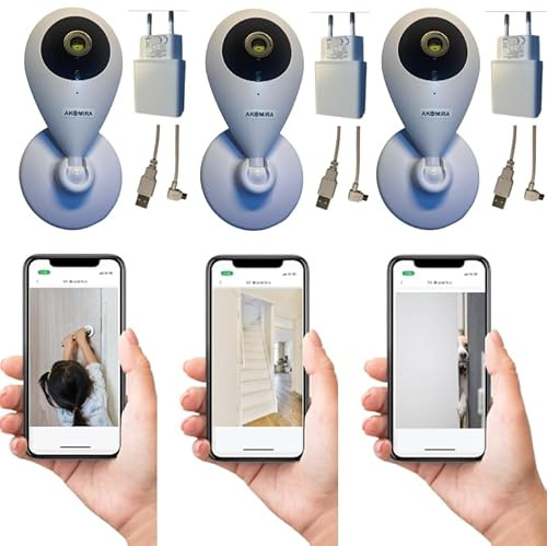 AKEMIRA Pack de 3 Cámaras WiFi Interior HD, para la vigilancia de Toda la casa. Sin suscripción ni cuotas. Incluye Alimentadores y Cables USB.