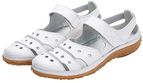 Sandales Femme à Bout Fermé Confortable Respirant Sandales de Randonnée Élégant Creux Chaussures de Marche Vintage Mode Chaussures Bout Fermé Confortable Et Décontracté à la Plage, Blanc, 36 EU