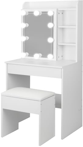 Panana Lighted Makeup Vanity Set, Dressing Table with Mirror with LED Adjustable Lights 1 Drawers & 6 Shelves Cosmetic Table with Cushioned Stool for Bedroom (White)