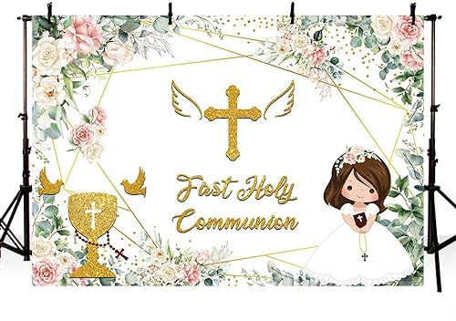 AIBIIN Toile de fond pour première communion avec inscription « God Bless Girls » - Décoration de fête de baptême - Cadeau de fête prénatale - Rose - 3 x 2,1 m