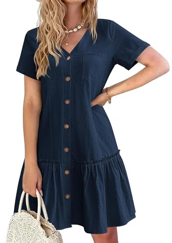 Hotouch Robe d’Été en Lin Femme Élégante Chemise Boutonnée Mini Robe Col V Bleu Marine XL