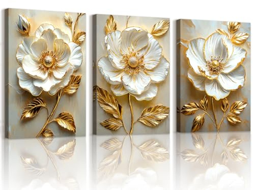 WENGTIAO 3 Pcs Weiße Pfingstrose Blumen Leinwand Bilder Kunstdrucke Gerahmt | Aesthetic Goldene Blätter Weiß Blumen Bild auf Leinwand Wandbilder Wohnzimmer Schlafzimmer Deko 30x40cmx3