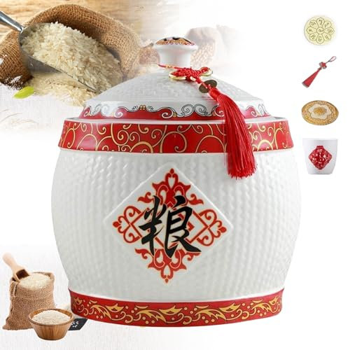 WQZzjm Rice Storage Ceramic Rice Bucket with Lid Container Dry Food Flour Sugar 2.5KG/4KG/5KG/7.5KG/10KG/12.5KG Rice Storage Box Large Rice Dispenser Sealed Rice Storage Bin(A-5KG) (One Color E)