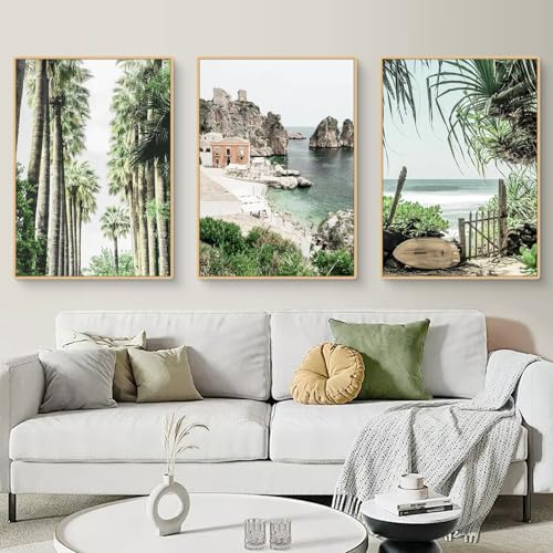 Fiwzzdur 3er Poster Set, Bilder Sommer Strand Palmen Kokosnuss Poster & Kunstdrucke, Moderne Grün Aesthetic Wandbilder ohne Rahmen, Wanddeko Wohnzimmer & Schlafzimmer (30x40cm,DEF)