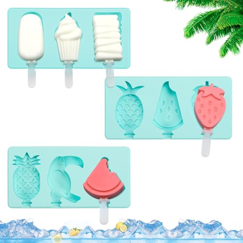 Moldes de hielo con palos, 3 unidades, 9 moldes de silicona con tapa, sin BPA, moldes para helados (azul)