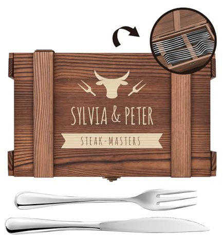 Maverton Couverts de Table à Steak - 6 Couteaux a Steak et 6 Fourchette a Viande dans un Coffret Cadeau Couple Personnalisé - Set De Table avec Boîte en Bois - Cadeau Personnalisé Femme