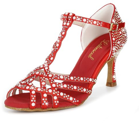 Latinsoul Y205-34 Zapatos de Baile Latino para Mujer con Cristales Tacón Medio cómodo y Correa Ajustable Color Rojo,TAMAÑO 37 EU
