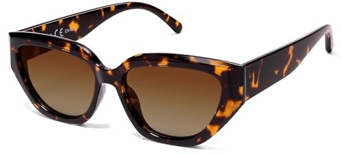 SOJOS Trendy Cute Cat Eye Polarized Sunglasses for Women Fashion Cateye Womens Sunnies SJ2237, Brown Tortoise Frame Brown Grading Lens