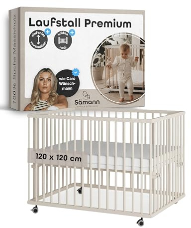 Sämann Laufstall Baby mit Lattenrost | stufenlos höhenverstellbar | Laufgitter Premium | Babybett aus Holz | Krabbelgitter (sahara dust, 120x120 cm)