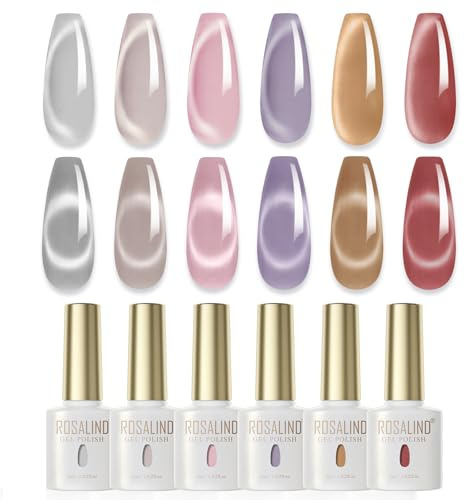 ROSALIND Smalto Semipermanente Unghie Magnetico, 6 Colori Grigio Rosa Viola Rosso Jelly Crystal Cat Eye Smalti Semipermanenti per Unghie, Soak Off UV/LED Smalto Gel Cat Eye Manicure Regalo