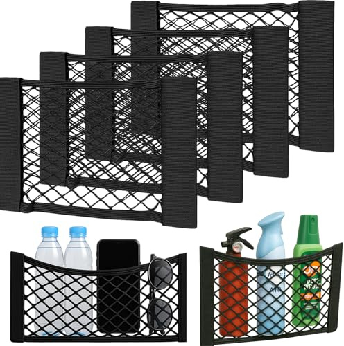KELAV Rete Bagagliaio Auto 4 Pezzi (30x25 cm),Rete Portaoggetti Auto Elastica Adesiva per Bottiglie e Spesa con Adesivo - Compatibile,SUV e Furgoni,Protettore,Sedile