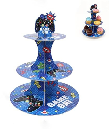 Soporte para cupcakes de cartón, soporte para tartas de 2 niveles, decoración para juegos, postres, torres, soporte para magdalenas, para hombres, fiestas de cumpleaños (azul)