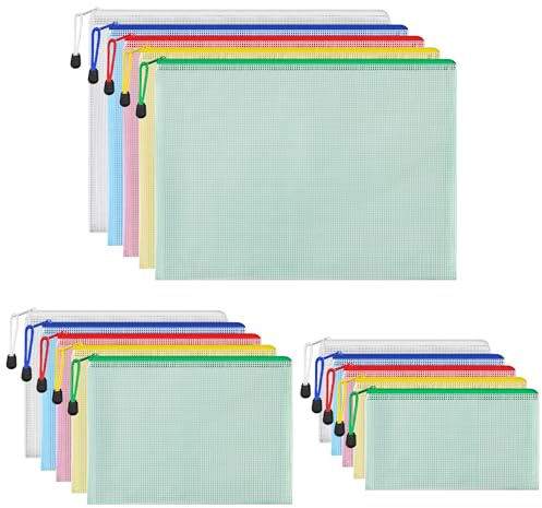 HEETA 15 Stück Dokumententasche A4+A5+A6, Wasserdichte Mesh Dokumententaschen, Dokumentenmappe mit Reißverschluss, Reißverschlussbeutel für Schule, Zuhause, Büro, Reisen, Kosmetika（5 Farben）