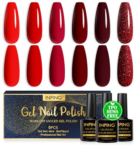 INPING Gel Nail Polish TPO-FREE Red 6 Colors UV LED Nail Varnish 8ML | Soak-Off UV/LED Long Lasting Gel Nail Polish Set for Nail Art Salon DIY Home Easter/Valentine's Day