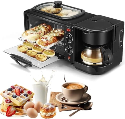 3-In-1 Breakfast Station, Electric Multifunctional Breakfast Machine with 1.2L Cooking Pot, 9L Large Capacity Baking Area, and Coffee maker, for Apartments Kitchenettes, Independent Control